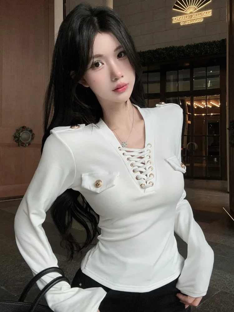 Sexy Hollow out Long Sleeve T-Shirt Cross Neck Design Slimming Base Layer Shirt for Girls Breathable Knitted Cotton Winter Top