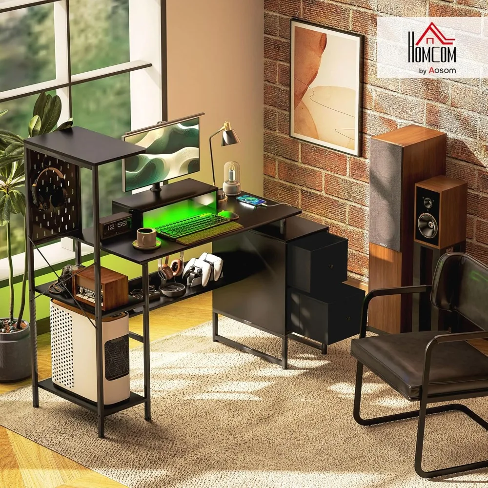 

56 Gaming Desk with Power Outlets and LED Lights, Computer Desk with Monitor Stand, Computer Table with 2 CPU Stands,