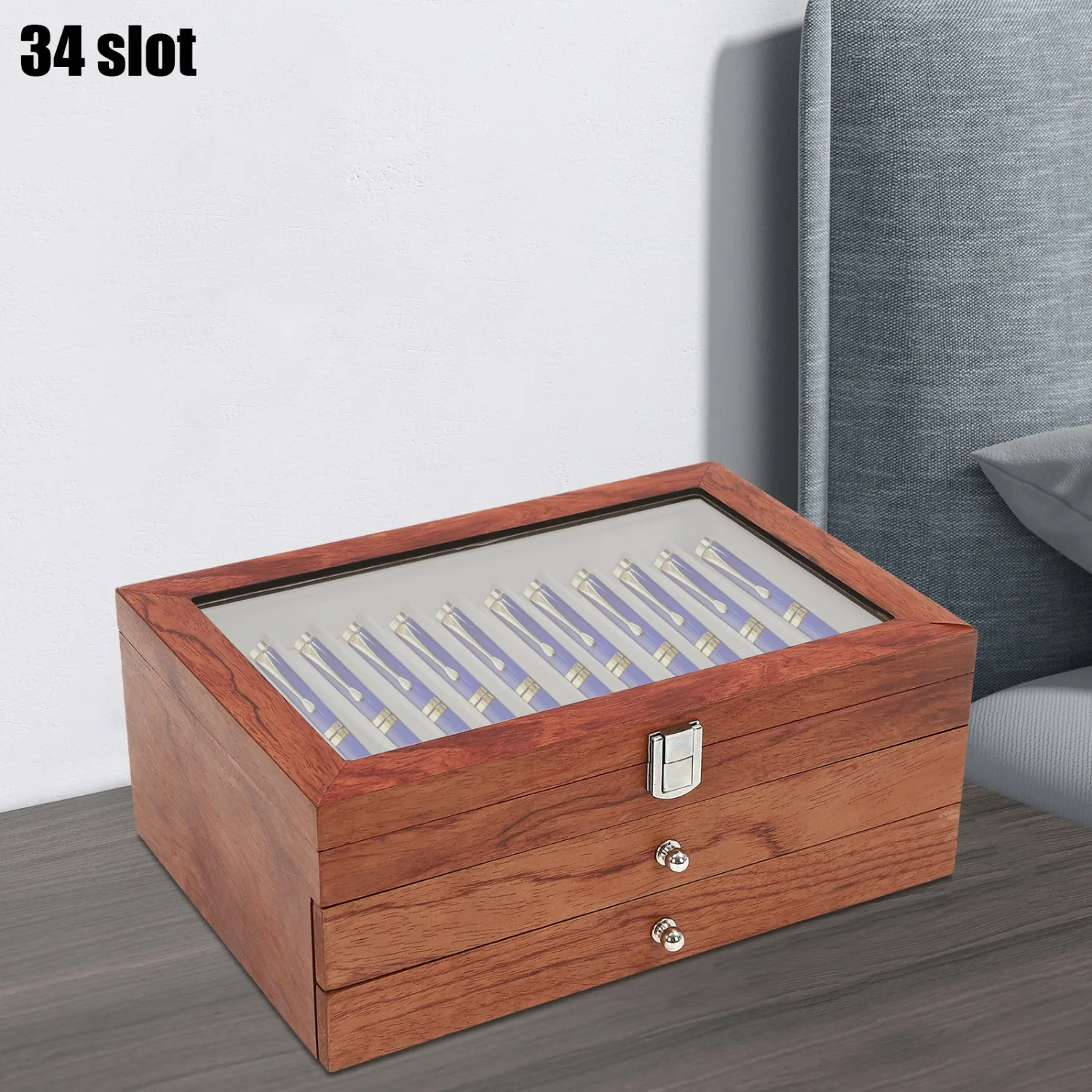 

BYMAOCAR Wood Transparent Top Lid 34 Slots Rosewood Box Holder Storage Organizer Fountain Pen Display Case for Gift