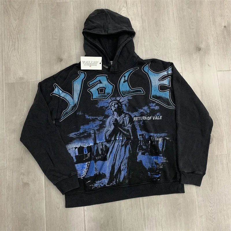 

Oversized VALLEY Black Hoodies American Style Pure Cotton Skull Print Vale Hooded Sweatshirts Men Clothing