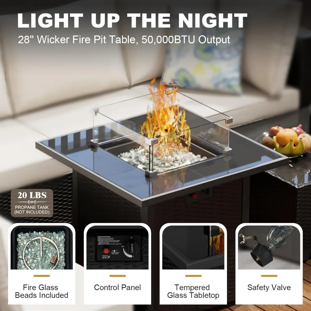 مجموعة أثاث الفناء مع طاولة حفرة النار 28 بوصة، مجموعة محادثة أثاث خارجي مكونة من 8 قطع مع وسائد وأريكة مقطعية من الخوص #6