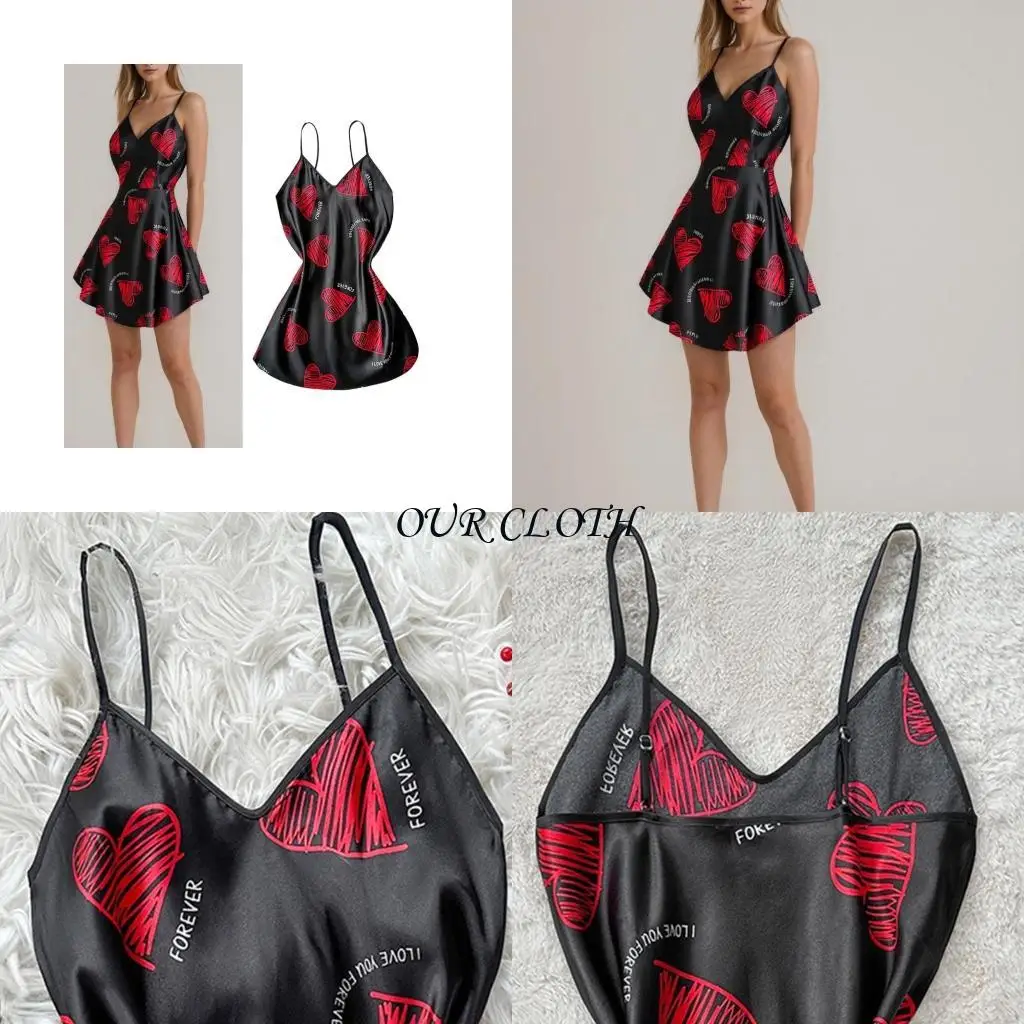 

Ice Silk Heart Print Camisole Nightress для женщин ночной рубаш
