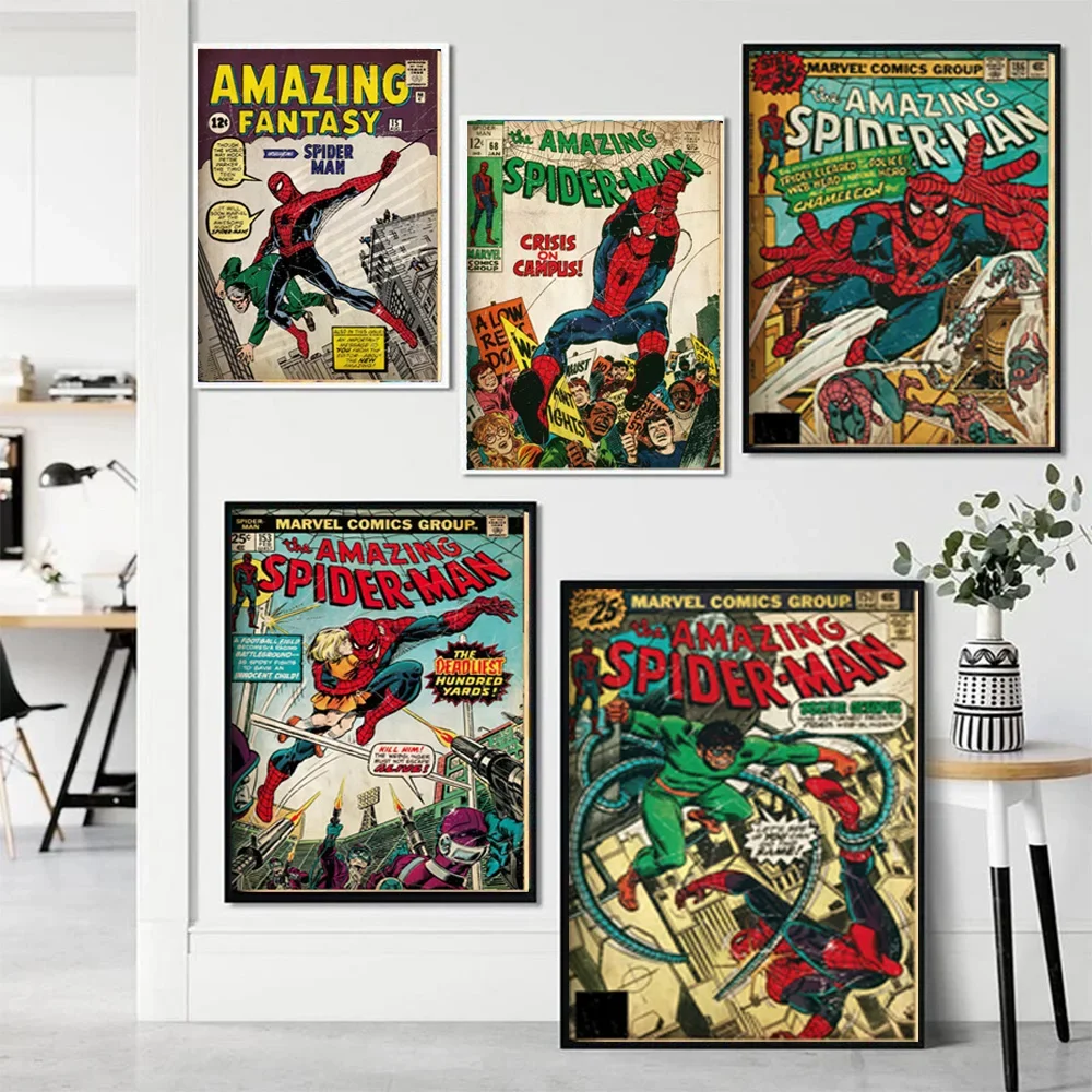 MINISO Marvel Superhero Spider-Man Vintage Art Posters Home Living Room Bedroom Wall Decoration Mural HD Print Canvas Painting