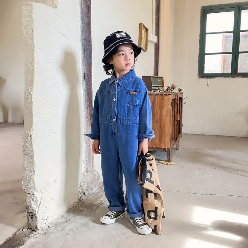 2024 Autumn Children\'s Denim Overalls Kids Jeans Romper Toddler Boys Dungarees Korean Fashion Girl Pants Baby One Piece Jumpduit