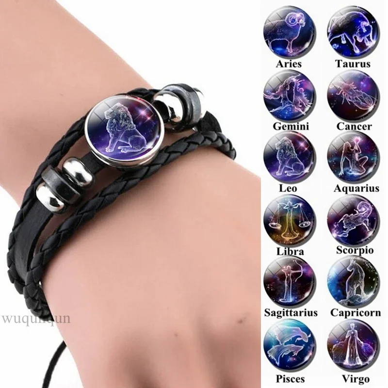 12 Zodiac Signs Constellations Black Button Woven Leather Bracelet Glass Dome Jewelry Men Aries Libra Libra Leo Birthday Gift