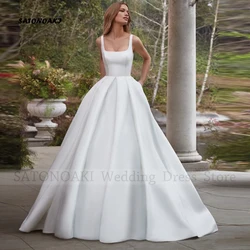 Elegante abito da sposa in raso con colletto quadrato semplice per donna abito da sposa senza schienale a-line con tasche Vestido De Novia Robe Mariée