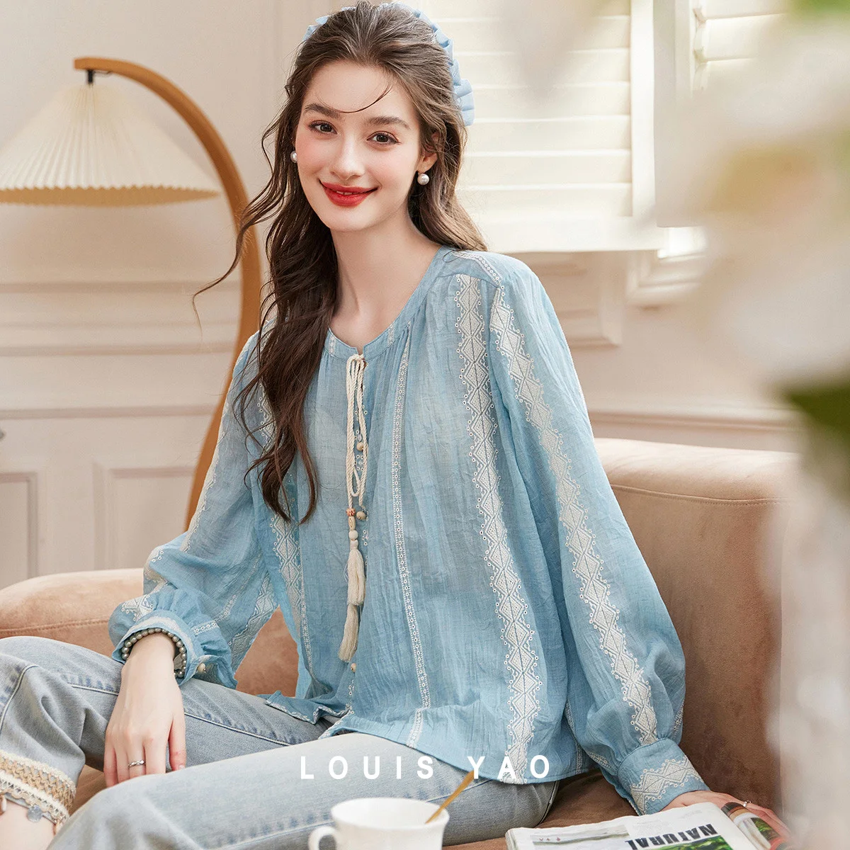 LOUIS YAO Retro Contrast Color Embroidered Women's Blouse 2026 Spring/Autumn Elegant Drawstring Round Neck Long Sleeve Shirt