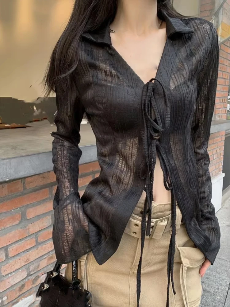 

Japanese Women Sun Protection Blouse 2025 Y2k Aesthetic Grunge Bandage Sexy Shirt Harajuku Turn Down Collar Flare Sleeve Blusas