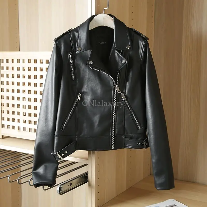 2023 New Spring Autumn Women Black Faux Leather Jacket Casual Zipper With Belt Biker Coat Female Casual Solid Short Outwear