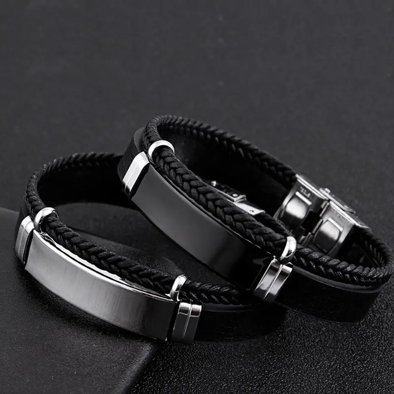 Homme Stainless Steel Bracelet Double Layer Twist Braid Leather Rope Bracelets For Men Hiphop Rock Fashion Jewelry Accessories