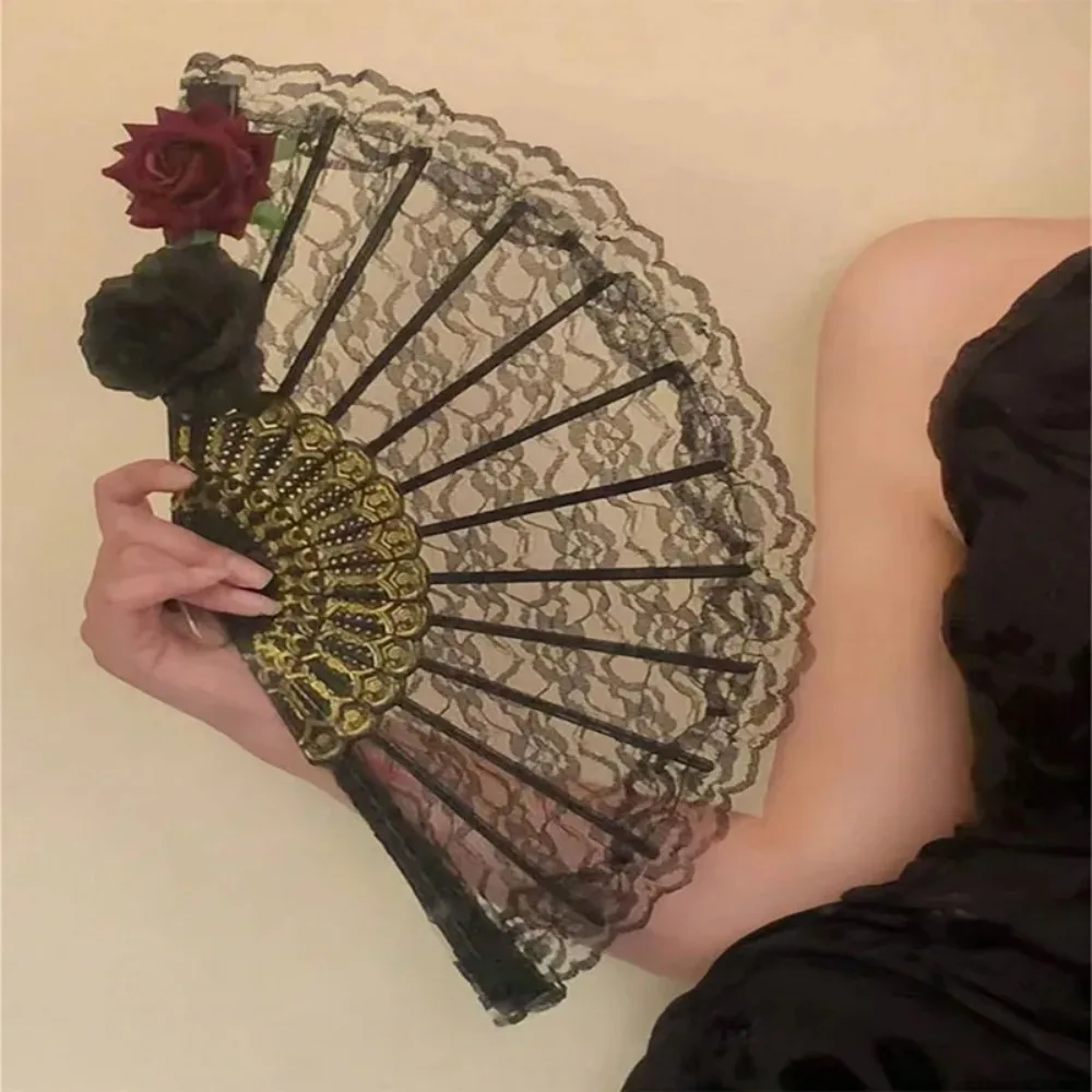 1pc Lace Folding Fan Black Sweet Gothic Style Lolita Hand Fan Vintage Court Cosplay Photo Props for Girls Paper Fan