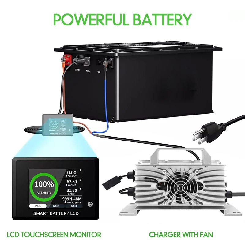 

48V 105Ah Lithium LiFePO4 Battery Golf Cart With Charger Touch Monitor Built-in Smart 200A BMS 6000+ Cycles 12.8kW 10Year
