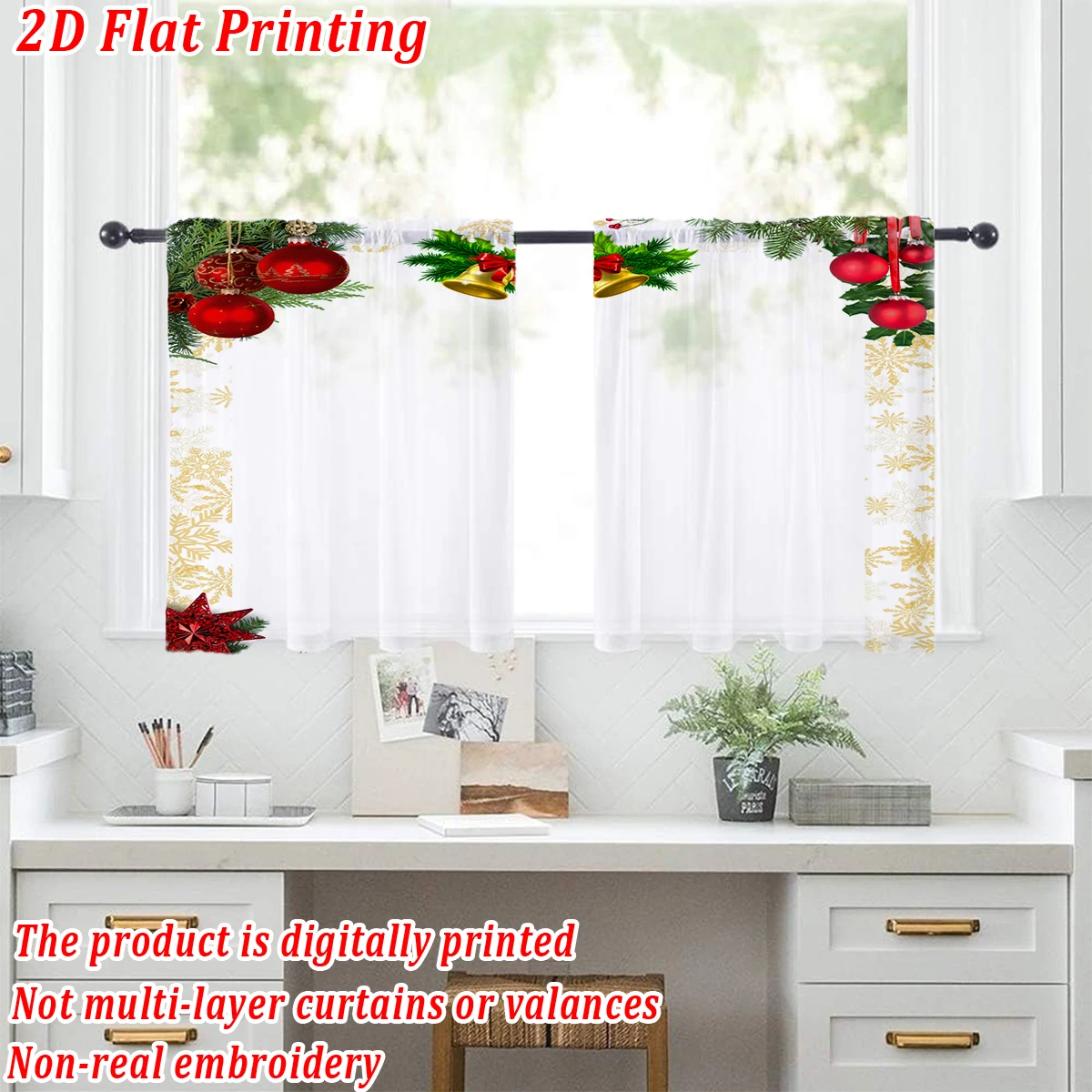Christmas Flat Printing Kitchen Sheer Curtain with Merry Christmas Ball Bell Snowflake For Christmas Home Decor  Party