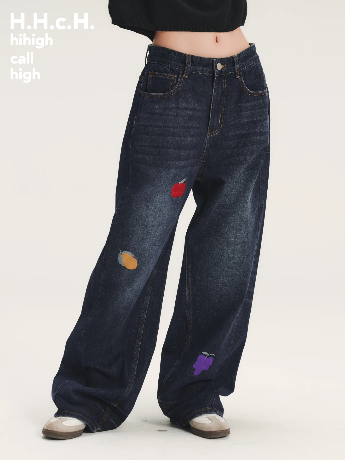 

HH Свободные прямые джинсовые брюки с ручной росписью и фруктовой вышивкой, темно-синие джинсовые брюки с завышенной талией, повседневные хлопковые джинсы с открытой талией