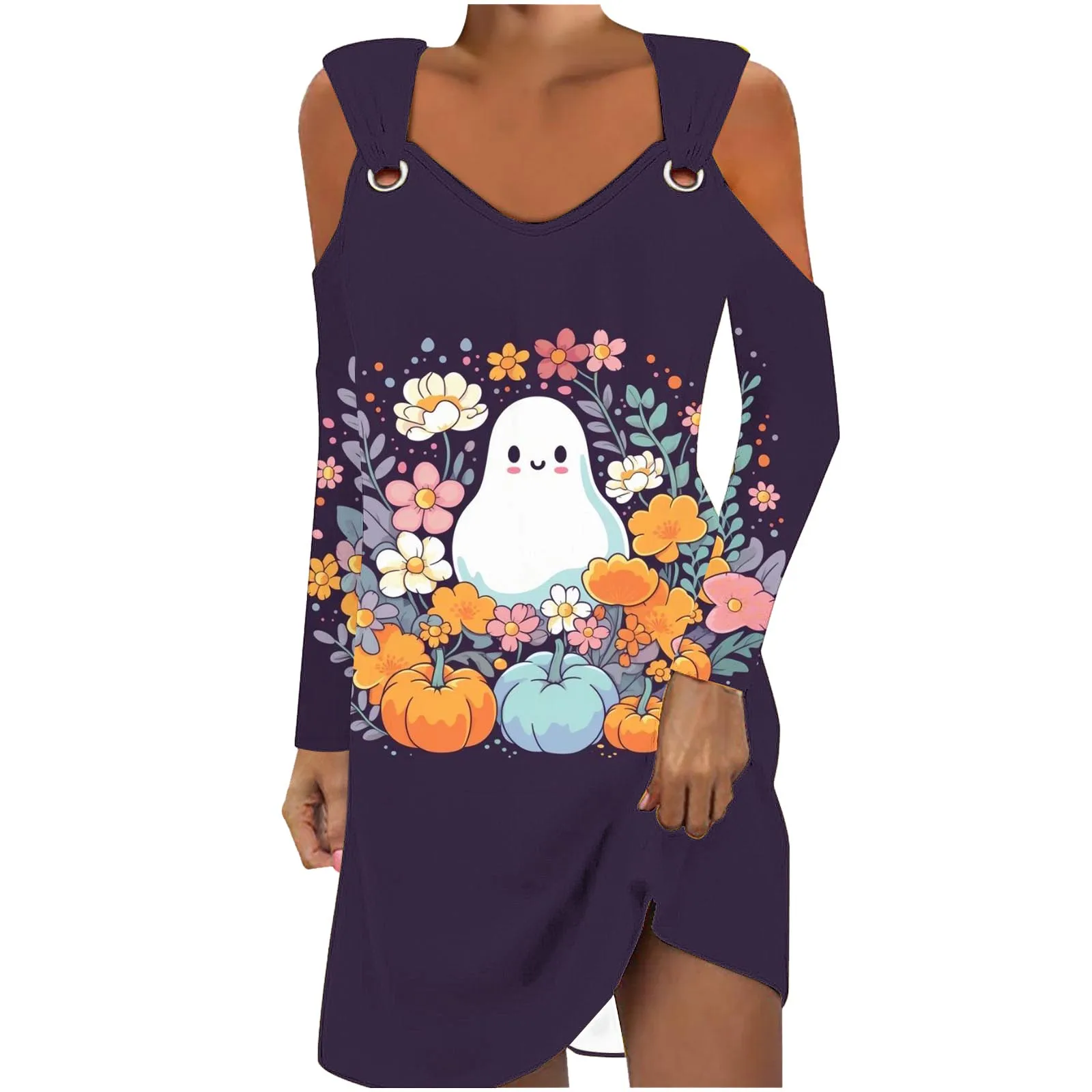 Halloween Themed Sexy V-neck Short Dress Women's Off Shoulder Long Sleeved Design Ghost Pumpkin Print Dress 원피스여성의류