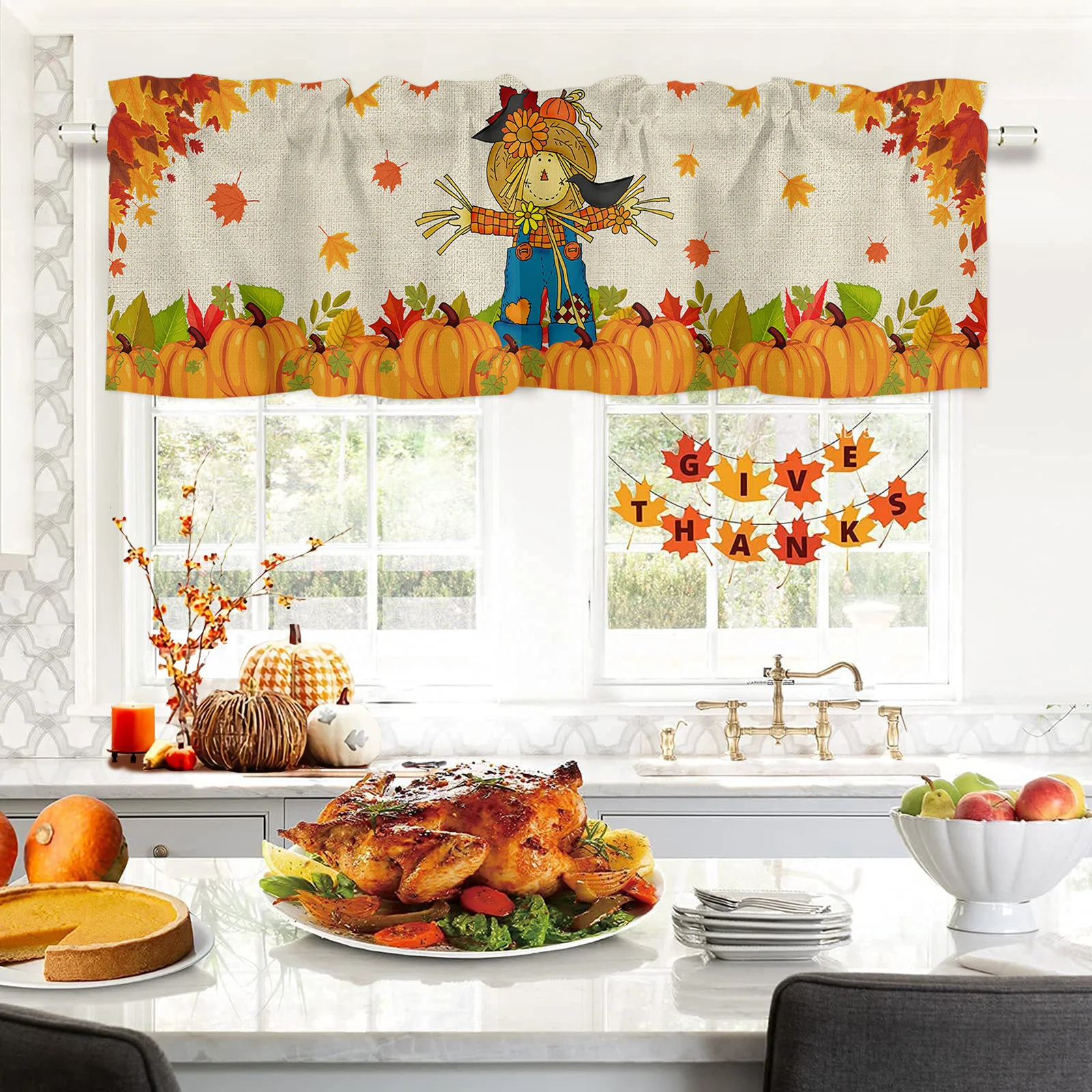 ZEDLIYU Valances for Windows Kitchen Living Room Small Window Valance Autumn Pumpkin Scarecrow 1 Panel