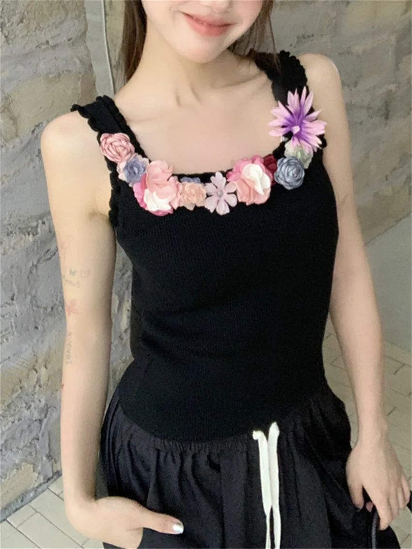 Alien Kitty Summer Tank Tops With Flowers Slim Women Gentle High Street All Match Mujer Daily Sweet 2024 Camis Office Lady