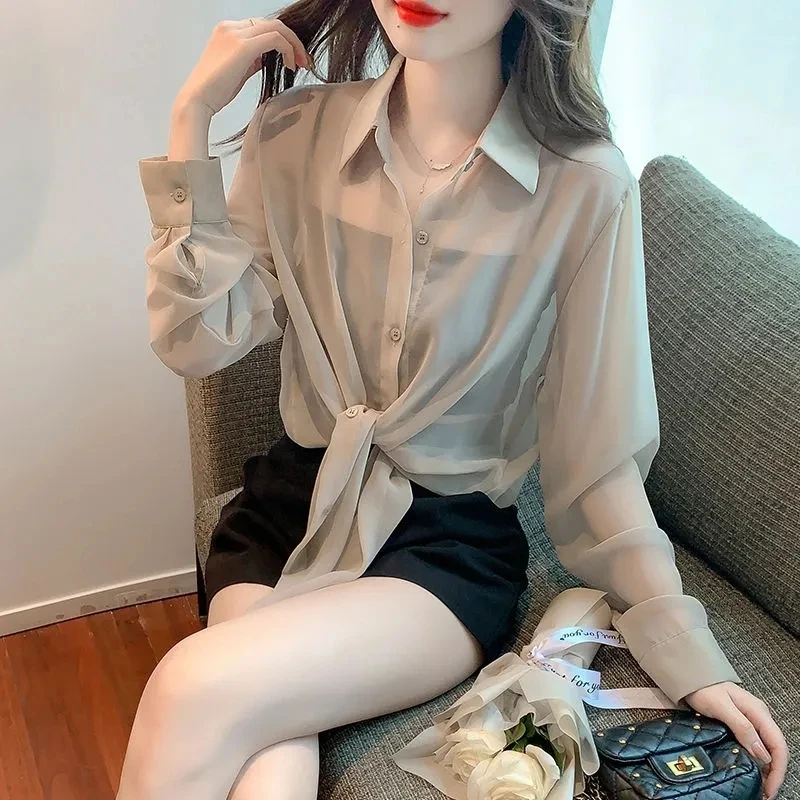 Chiffon Lace Up Sun Proof Blouse Women Sweet Long Sleeve Thin Casual Shirt Summer Elegant Loose Lady Turn Down Collar Short Tops