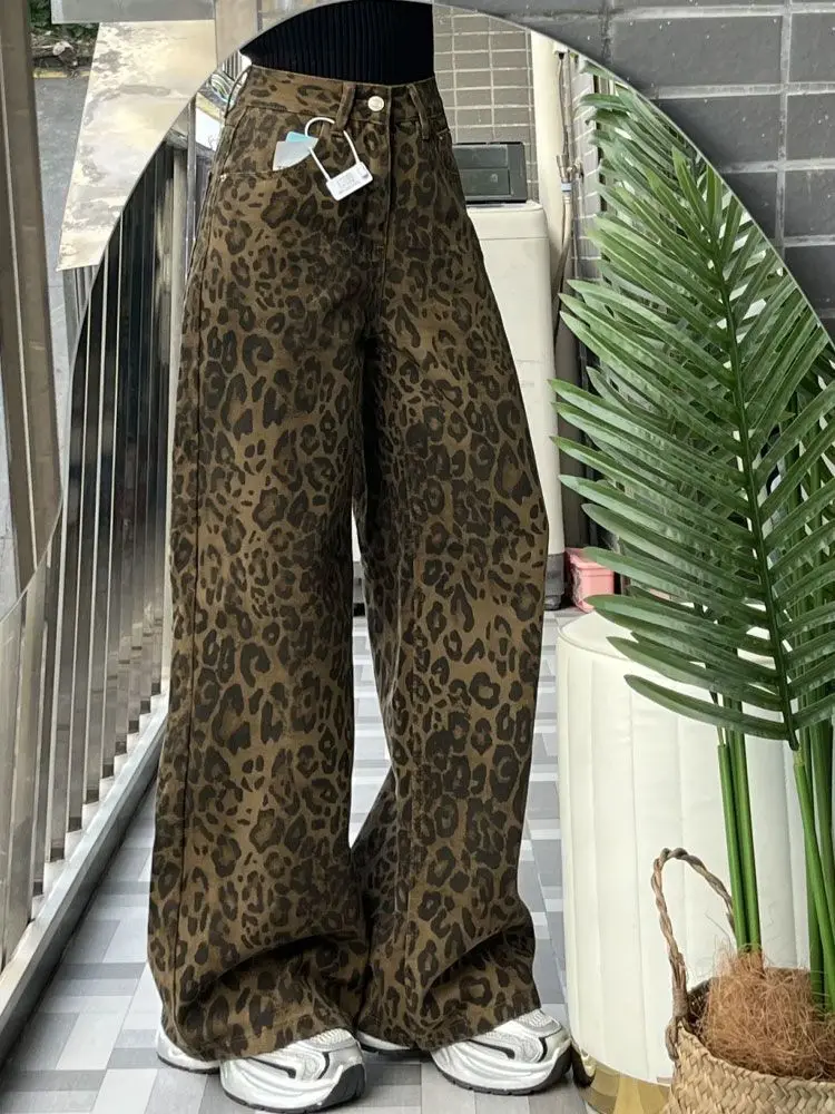 American Retro Wide-leg Leopard Print High Waist 2025 Spring and Autumn Denim High Street New Thin Loose Straight Mopping Ins