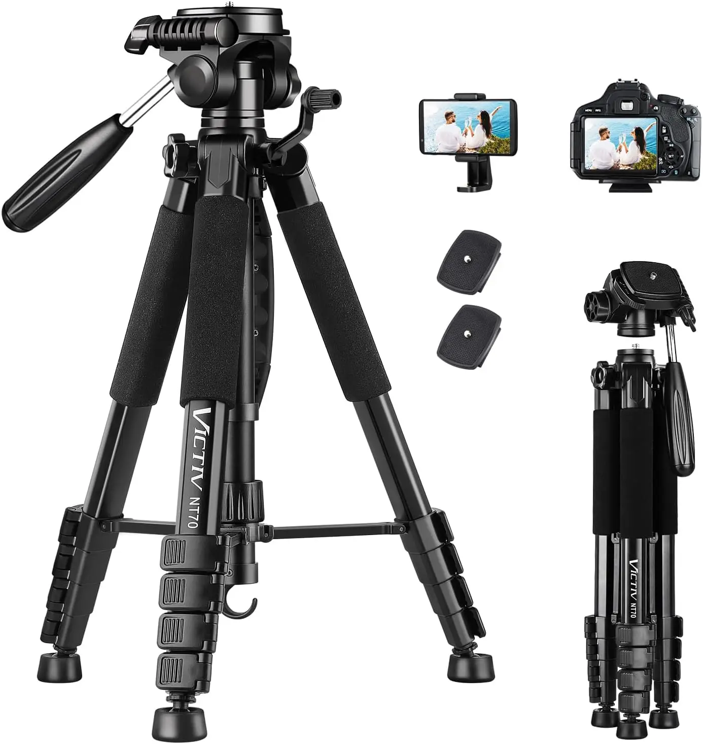 

74" Aluminum Tripod for DSLR, iPhone, Camera & Phone with Carry Bag, Max Load 9.5Lb