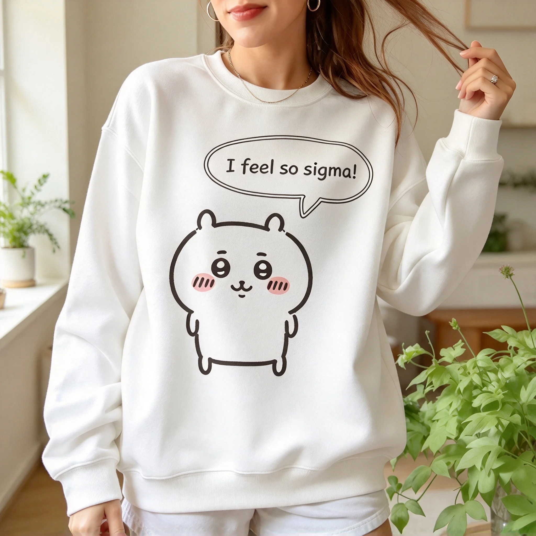 Women Crewneck Sweatshirt Cute Simple Cartoon Blush Animal I Feel So Sigma Speech Bubble Graphic Pullover Casual Funny  Sweater