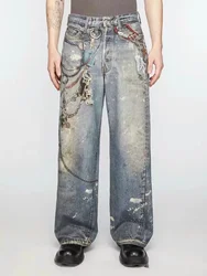 Pants Spring/Summer Ink Splash Mud Dye 3D Printed Wide Leg Pants Cotton denim2024 Loose Trousers Straight Leg large femme pants