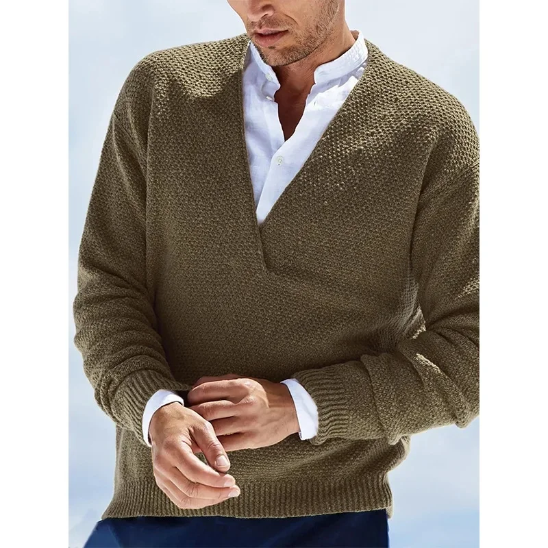 

Men's V-Neck Knitted Long Sleeve Sweater Pure Color Pullover Winter Casual Wear Comfortable Soft Fabric Male Model Clothes