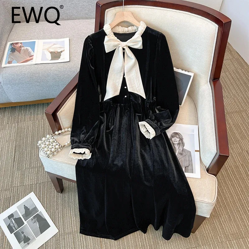 EWQ Elegant 2 Piece Set For Women Bow Shirt Long Sleeve Single Breasted Top Lace-up Gathered Waist Fashion Dress 2024 New 27X409