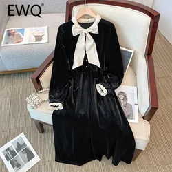 EWQ Elegant 2 Piece Set For Women Bow Shirt Long Sleeve Single Breasted Top Lace-up Gathered Waist Fashion Dress 2024 New 27X409