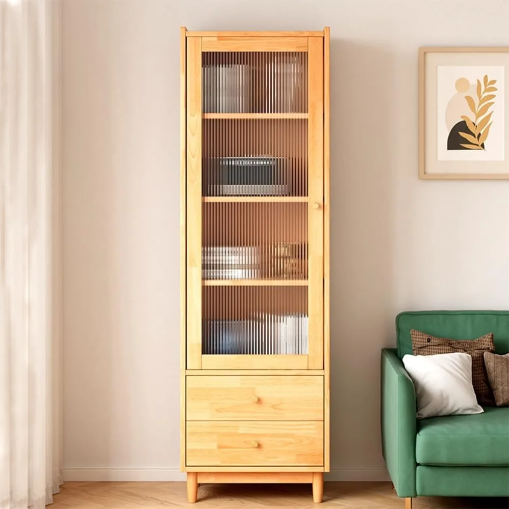 Wooden Glass Door Bookcase - 4-Tier Cube Bookshelf Storage Cabinet with Double Drawer and Adjustable Shelf, Bookcases