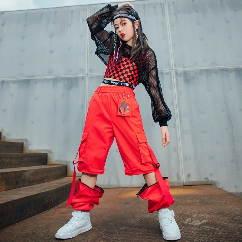 Kids Hip Hop Street Dance Costume Red Lattice Vest Loose Cargo Pants Net Tops for Girls Clothes Jazz Show Stage Outfit