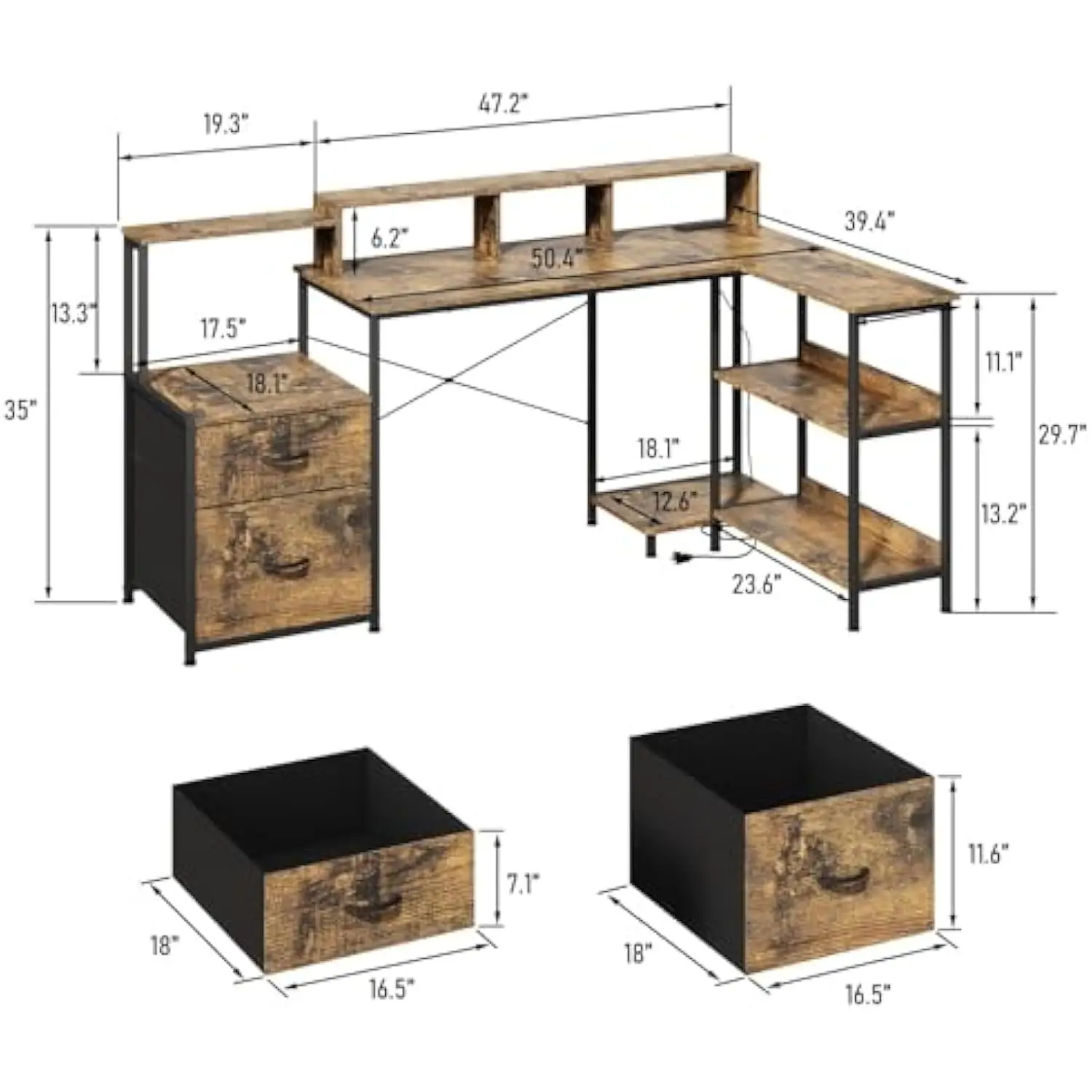 Mesa de jogos em forma de L com gavetas, mesa de computador reversível de 67 polegadas com luzes LED, mesa de trabalho com tomada de energia para escritório doméstico