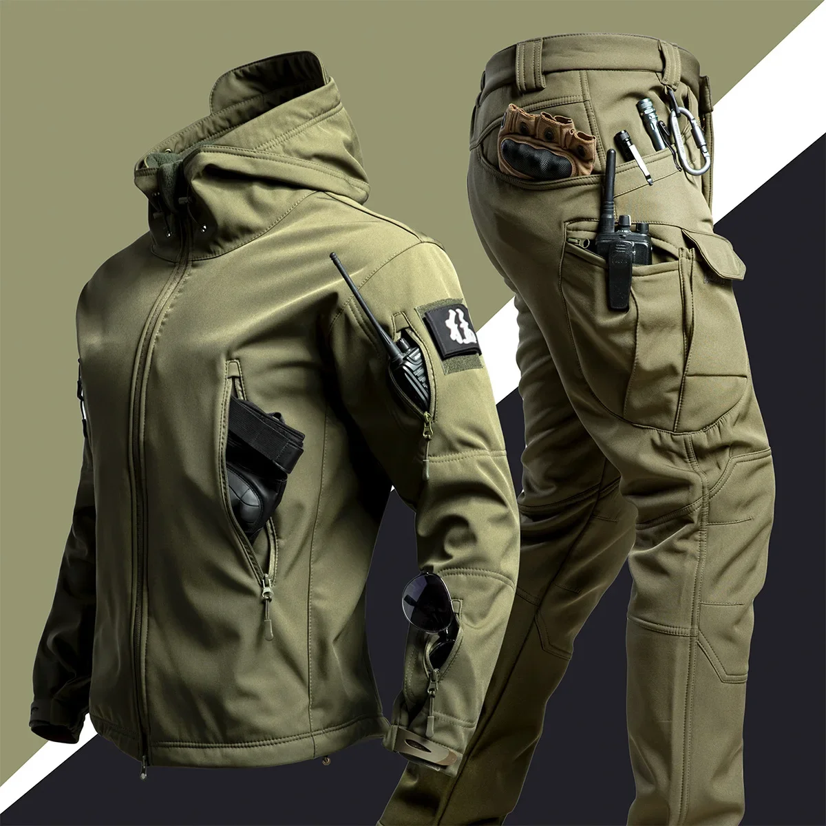 5XL 6XL メンズアウトドア新作ソフトシェル防水・耐切創厚手ウールフリース多ポケットタクティカルセット、低価格セール中