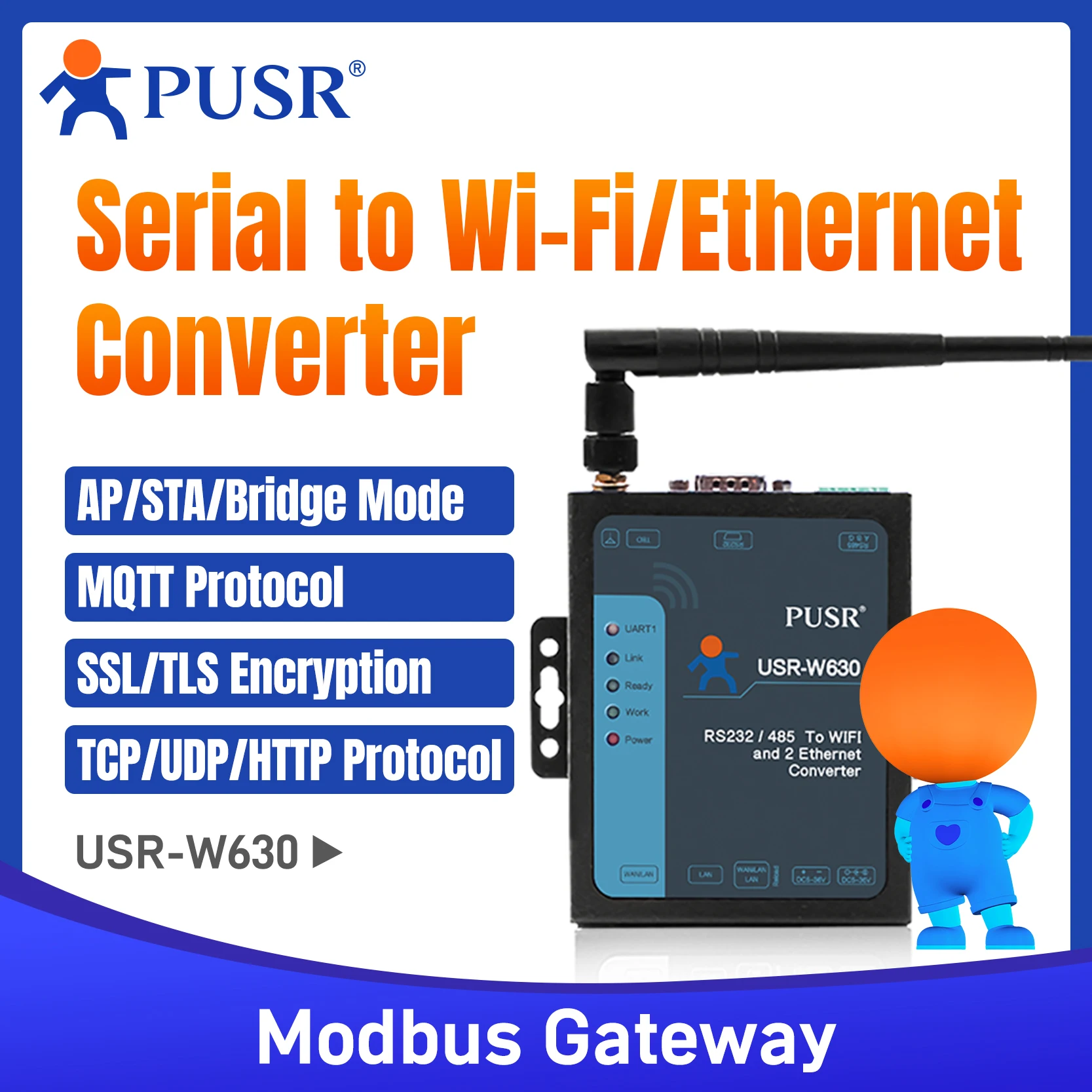 

Industrial 2 ports Serial RS232 RS485 to WIFI Converter supports modbus RTU to TCP USR-W630