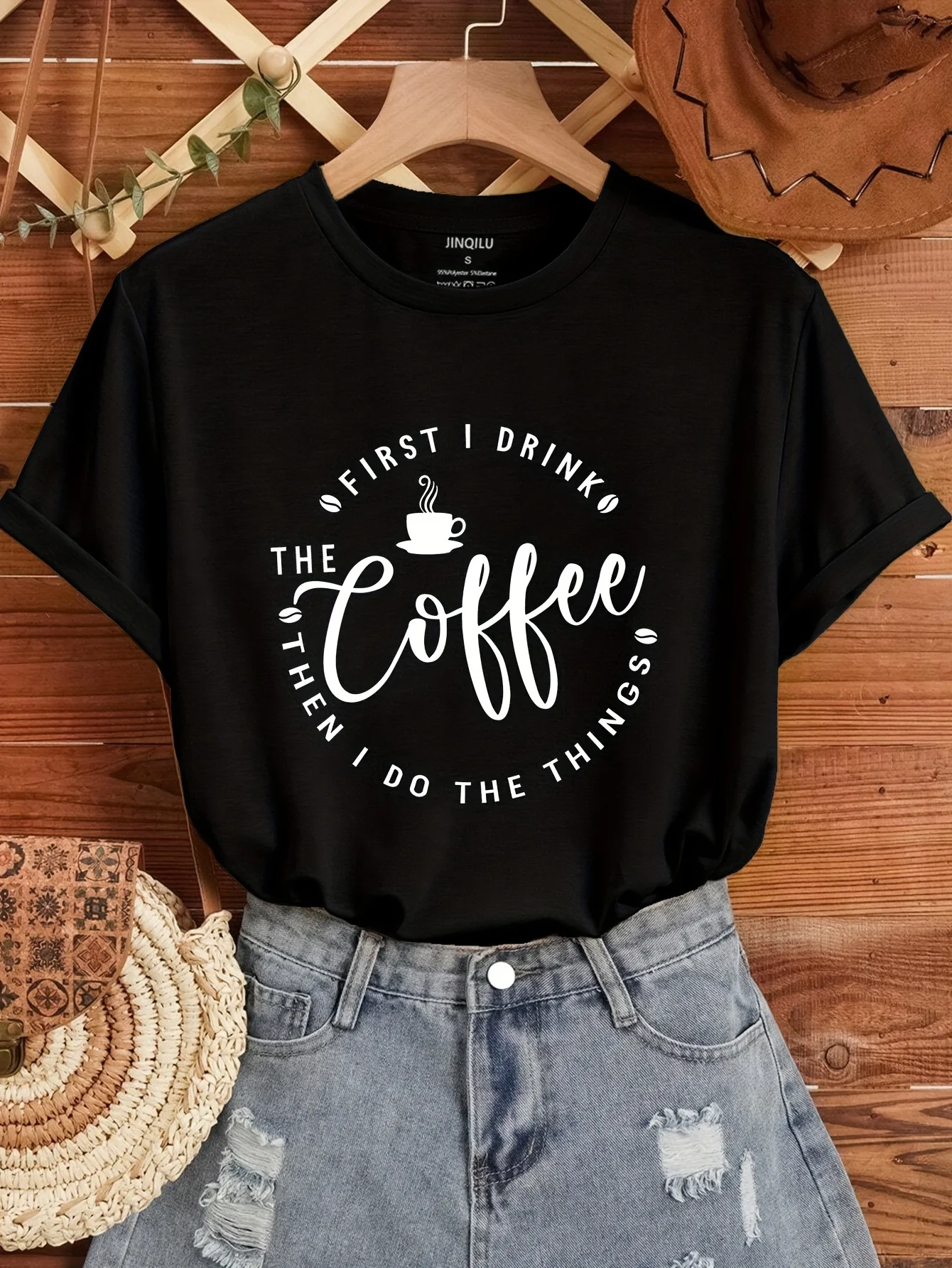 Coffee Print Crew Neck T-Shirt, Short Sleeve Casual Top, Spring/Summer, Ladies Clothing