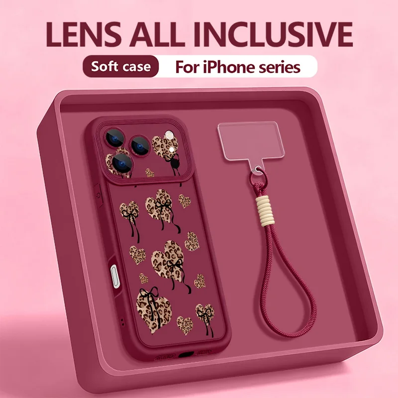 Leopardenmuster Herzen Schleife Lanyard Handyhülle für iPhone 17 Pro 16 14 15 Pro Max 12 13 Pro Max Air 16e 11 Soft Wrist Strap Cover