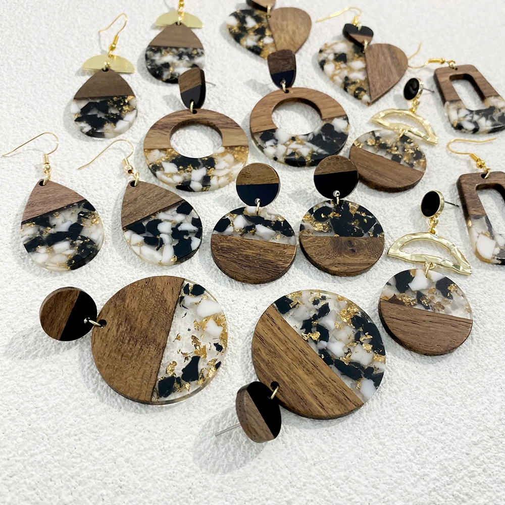 Lifefontier Vintage Marble Pattern Wood Drop Earrings For Wmen Handmade Polymer Clay Hanging Pendants Earrings Jewelry