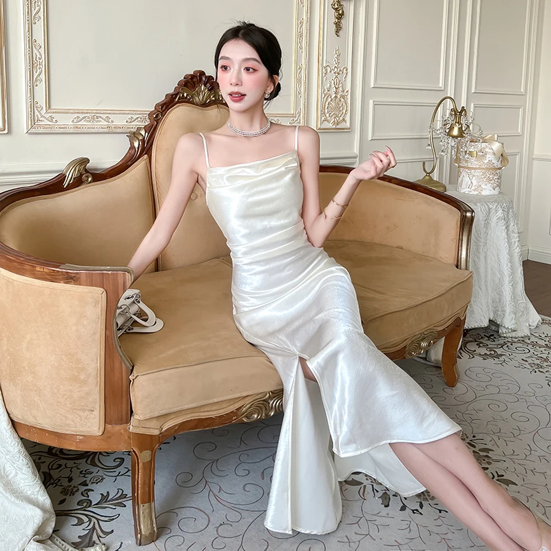 Women Sleeveless Yellow Camisole Dress Spring Summer Silk Satin Long Dress Slim Slit Sexy Party Dresses