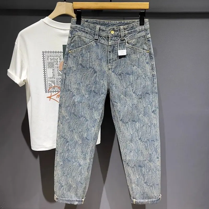 Casual American Style Men's Jeans Elastic Floral Patterned Harlan Pants Cotton Stretch Denim Youthful Trendy All-Match Long T...