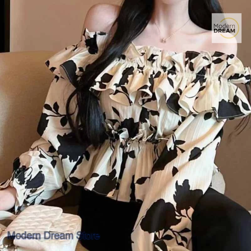 Vestido chic francés con hombros descubiertos, estilo celebridad online, blusa de gasa sin tirantes con estampado floral de hoja de loto, top dulce de primavera y verano para mujer