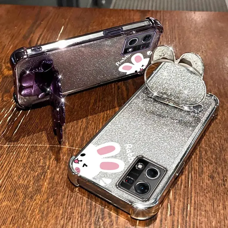 Airbag Glitter Mirror Rabbit Phone Holder Case On For Oppo Reno 4 4z 4F 5 5F 7 8 8T Lite 4G 5G Anti-knock Stand Back Cover