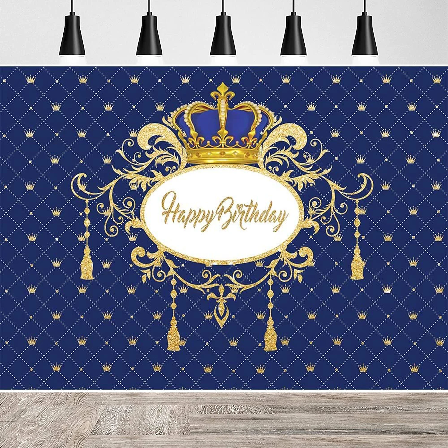 

Royal Blue and Gold Happy Birthday Backdrop Kids Boy Bday Party Decoration Banner Crown Little Prince Photo Booth Background