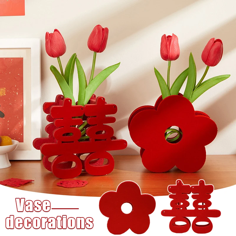 Creative Vase Ornaments Chinese Wedding Supplies Decor 3D Red Xi/Flower Shape Felt Handicrafts Retro Vase Home Party Room Layout