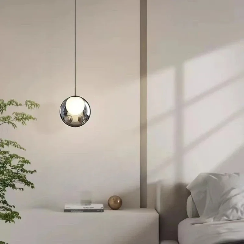 Modern Minimalist Pendant Light Gray Glass Ball Hanging Lamp Home Decor for Bedroom Dining Table Bedside Led Ceiling Chandelier