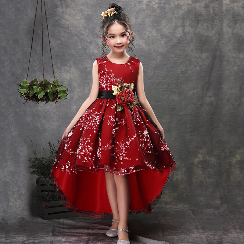 

High End Elegant Girls Clothing Sleeveless Long Tail Floral Concert Show Fancy Frocks Birthday Party Evening Dresses