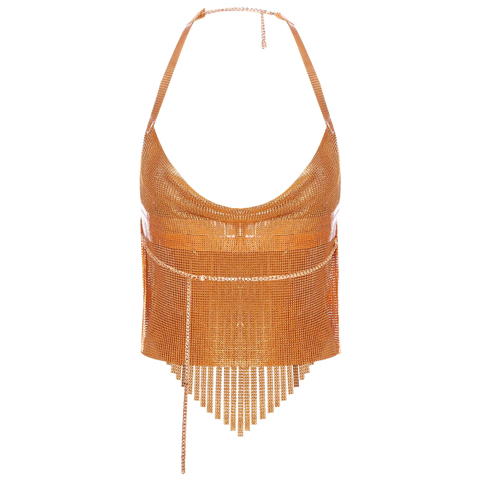 Damesmode Kwasten Top Hot Verstelbare Halter Glanzend Metallic Backless Crop Tops Nachtclub Rave Party Muzikaal Festival Kostuum