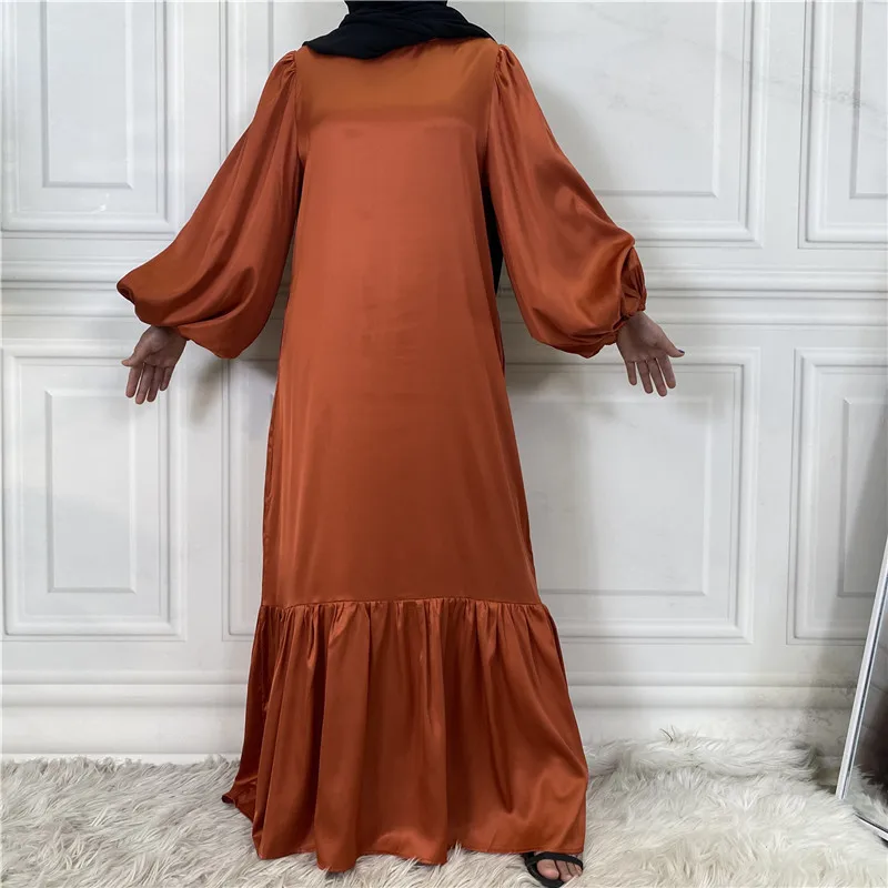 

Fashion Long Sleeve Abaya Hijab Satin Dress 2023 Women Dubai Turkey Muslim Dresses for Party Elegant Femme Ruffles Slim Robe