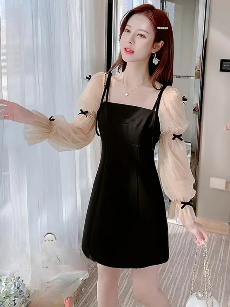 فستان سهرة بأكمام مضيئة للنساء أسود أنيق بفيونكة شبكية مرقعة فاخرة ومزاج سيدة شهيرة جمالية