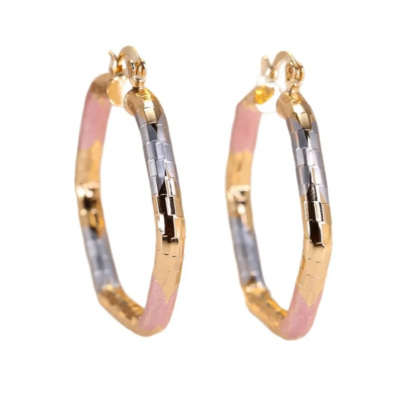 2026 New European and American Fashion Tri Color Splicing Grid Earrings, Light Luxury Drip Oil Contrast Wide Face Accessories