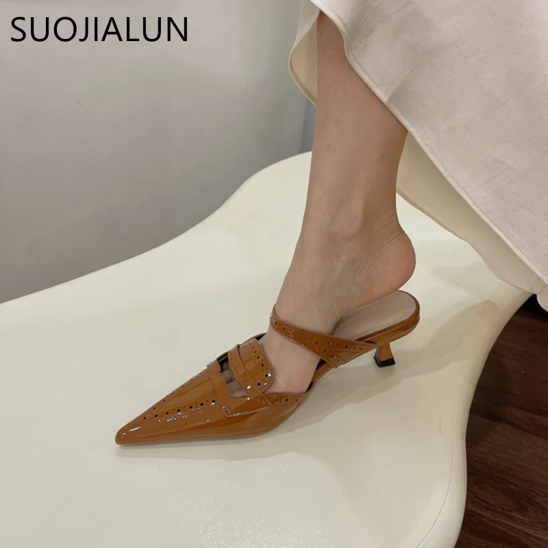 SUOJIALUN 2024 Spring New Brand Women Slipper fashion Pointed Toe Slip On Mules Shoes Thin High Heel Outdoor Dress Sandal Pumps